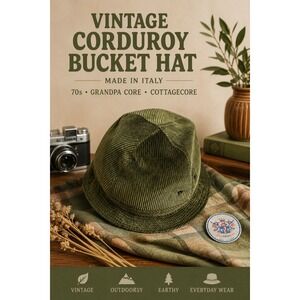 Vintage Olive Green Corduroy Bucket Hat Made In Italy 70s Grandpa Core Outdoor
